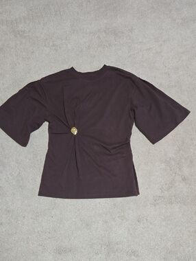 LOFT Chocolate Brown Short-Sleeve Twist Front Top with Gold Accent